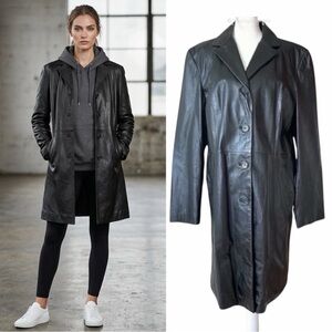 Vintage Colebrook 90s Black Leather Trench Coat Jacket 4 Button L XL Like New